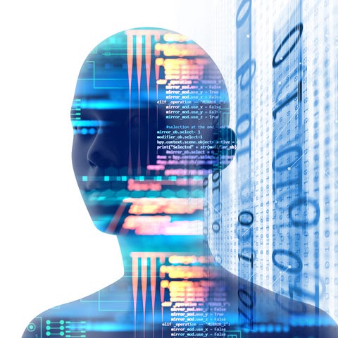 A human silhouette filled in with digital data, si