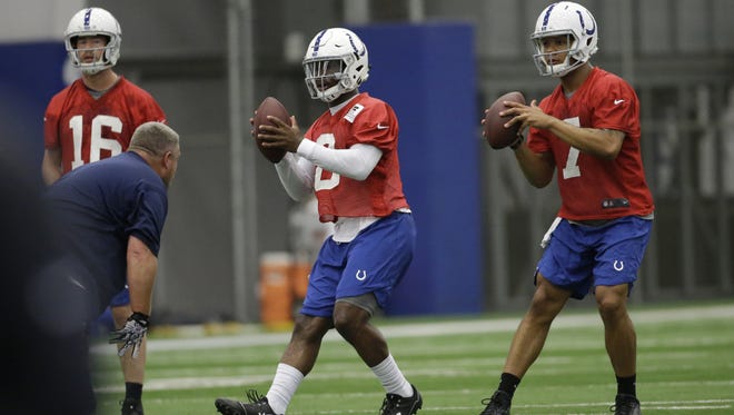 Colts quarterbacks not named Andrew Luck practiced Tuesday during minicamp at the Colts Complex. From left, they are Scott Tolzien, Phillip Walker and Stephen Morris.