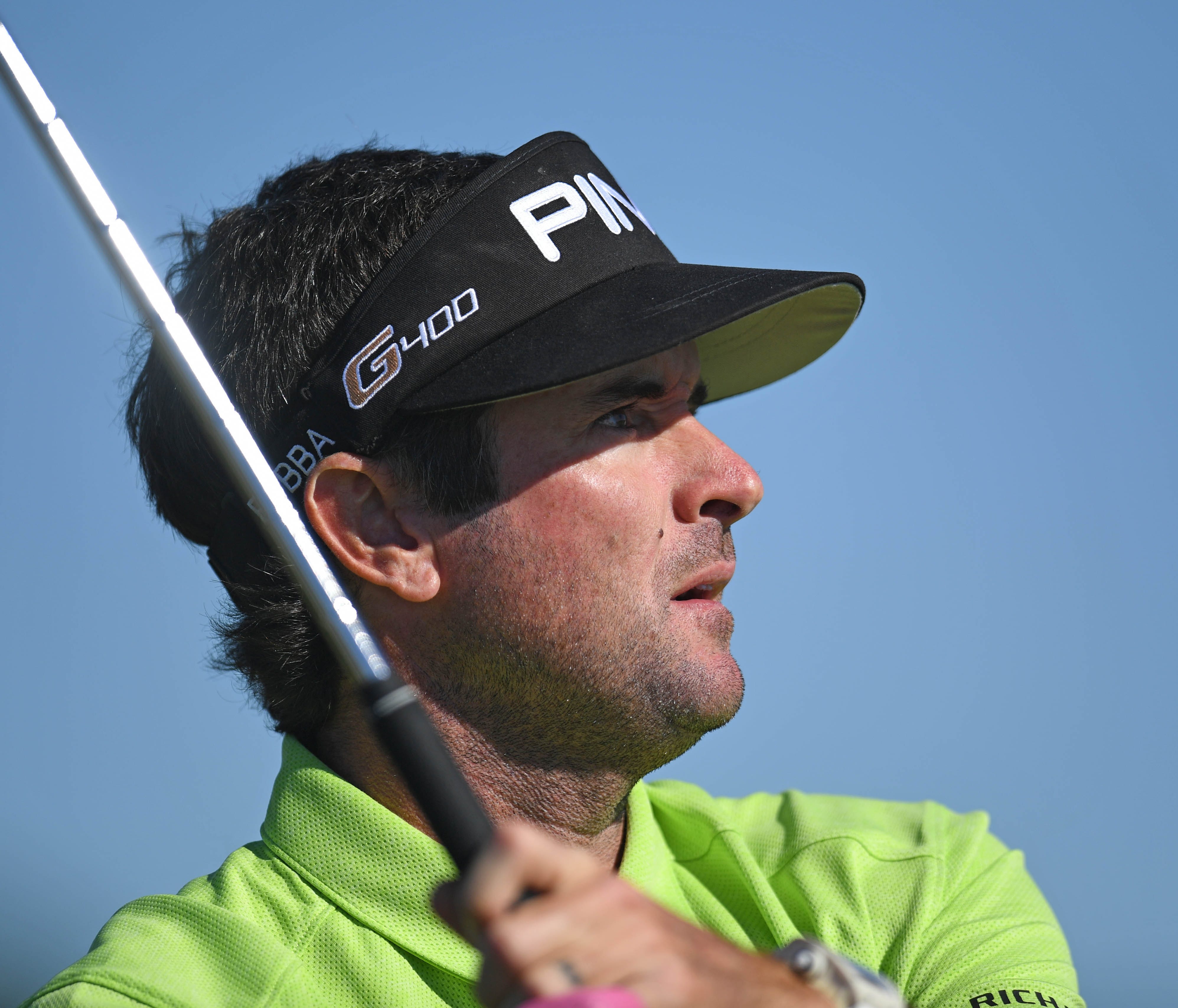 Feb 8, 2018; Pebble Beach, CA, USA; Bubba Watson tees off on the ninth hole during the first round of the AT&T Pebble Beach Pro-Am golf tournament at Monterey Peninsula Country Club. Mandatory Credit: Joe Camporeale-USA TODAY Sports ORG XMIT: USA