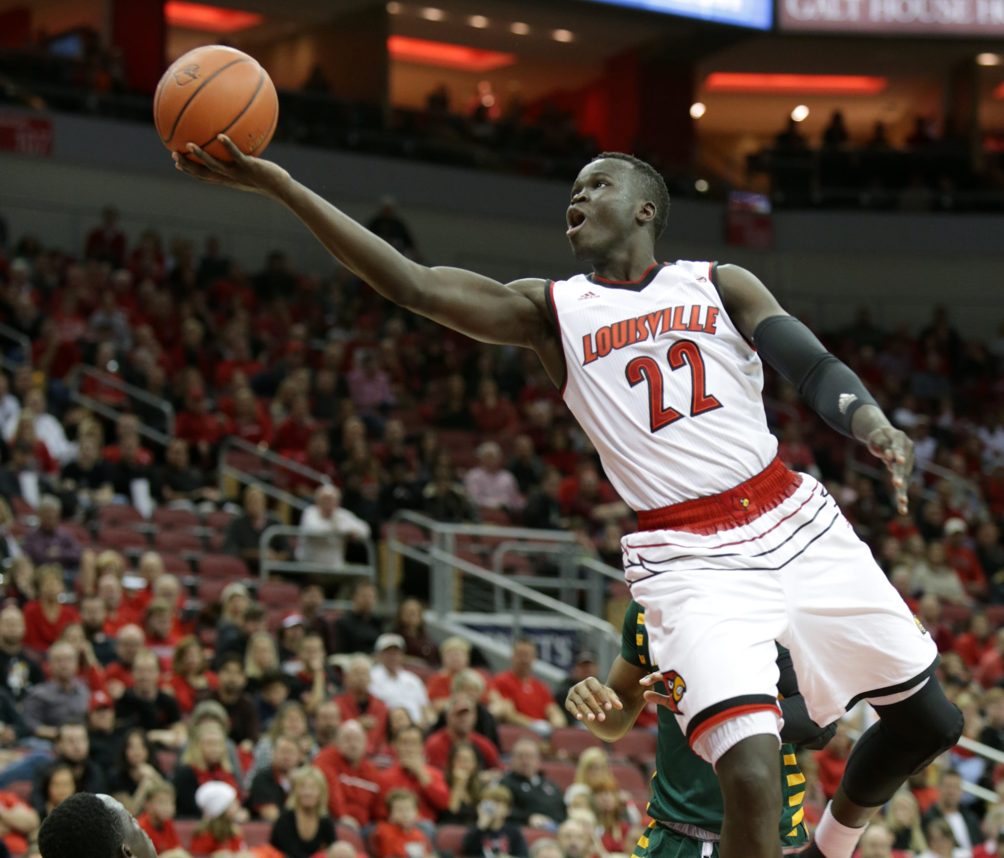 Louisville's Deng Adel rolls in two points during second half action against George Mason. Nov. 12, 2017.
