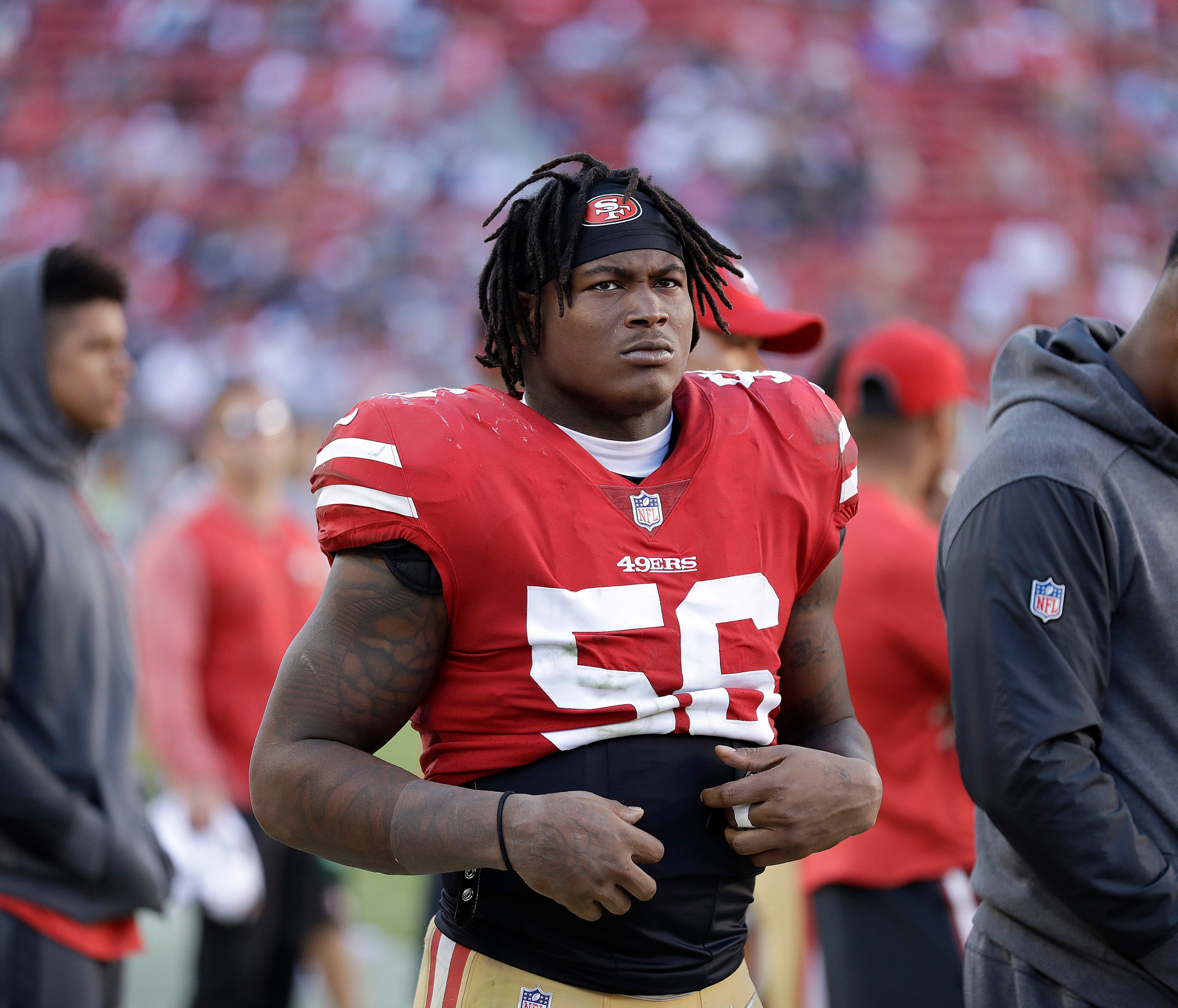 In this Oct. 22, 2017 file photo, San Francisco 49ers linebacker Reuben Foster (56) stands on the sideline during the second half of an NFL football game against the Dallas Cowboys in Santa Clara, Calif. Foster has been arrested in Mississippi and ch