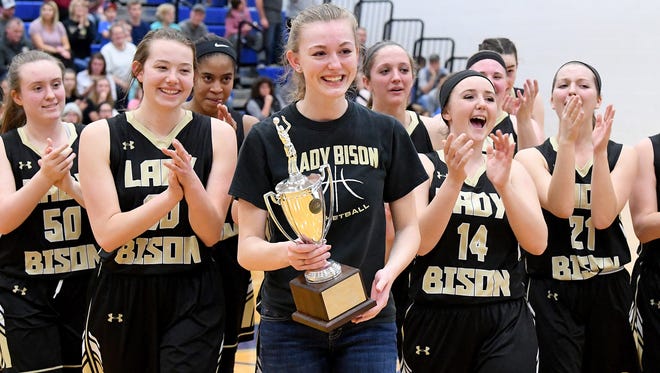 Buffalo Gap players celebrate their winning the Region 2B girls basketball championship after defeating George Mason in a game played in Penn Laird on Saturday, Feb. 24, 2018.