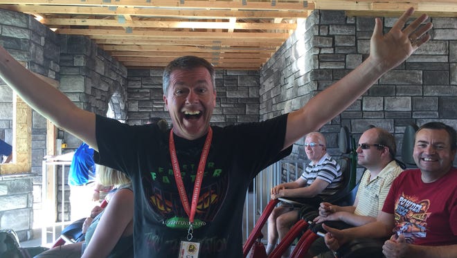 Andy Hine, chairman of the Roller Coaster Club of Great Britain, just after he finished riding Adventureland's new Monster roller coaster.