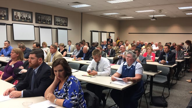 More than 100 people were present for a meeting of Gov. Eric Greitens' Committee for Simple, Fair and Low Taxes on Wednesday, June 7, 2017, at the Springfield Area Chamber of Commerce.
