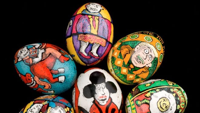 Painted eggs on view at the Roz Chast exhibition in Greenwich, Conn.