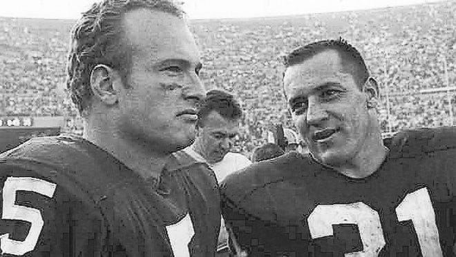 Green Bay Packers halfback Paul Hornung, left, and running back Jim Taylor stand on the sideline during Super Bowl I in Los Angeles on Jan. 16, 1967.