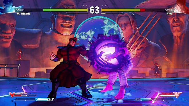 Bison, left, battles Ryu in a scene from 'Street Fighter V.'