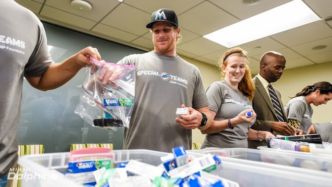 Miami Dolphins punter Matt Darr and staff members with the Dolphins put together care packages for Tennessee wildfire relief efforts on Tuesday. 