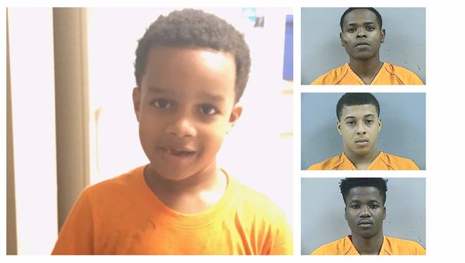 Kingston Frazier (left), 6, was brutally shot to death after his mother's car was stolen from the Kroger on I-55. Byron McBride (top right), Dwan Wakefield (center), and DeAllen Washington have been charged with capital murder in his death.