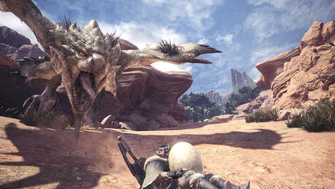 Stealing wyvern eggs and making a run for it in Monster Hunter World.