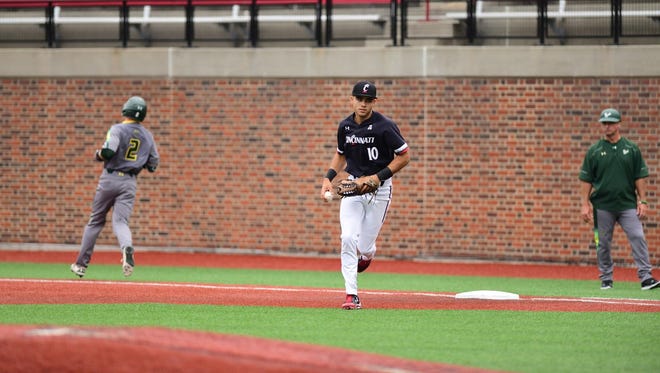 University of Cincinnati first baseman Eric Santiago (10) hit a two-run homer Wednesday, but UC was eliminated from the 2018 American Athletic Conference tournament