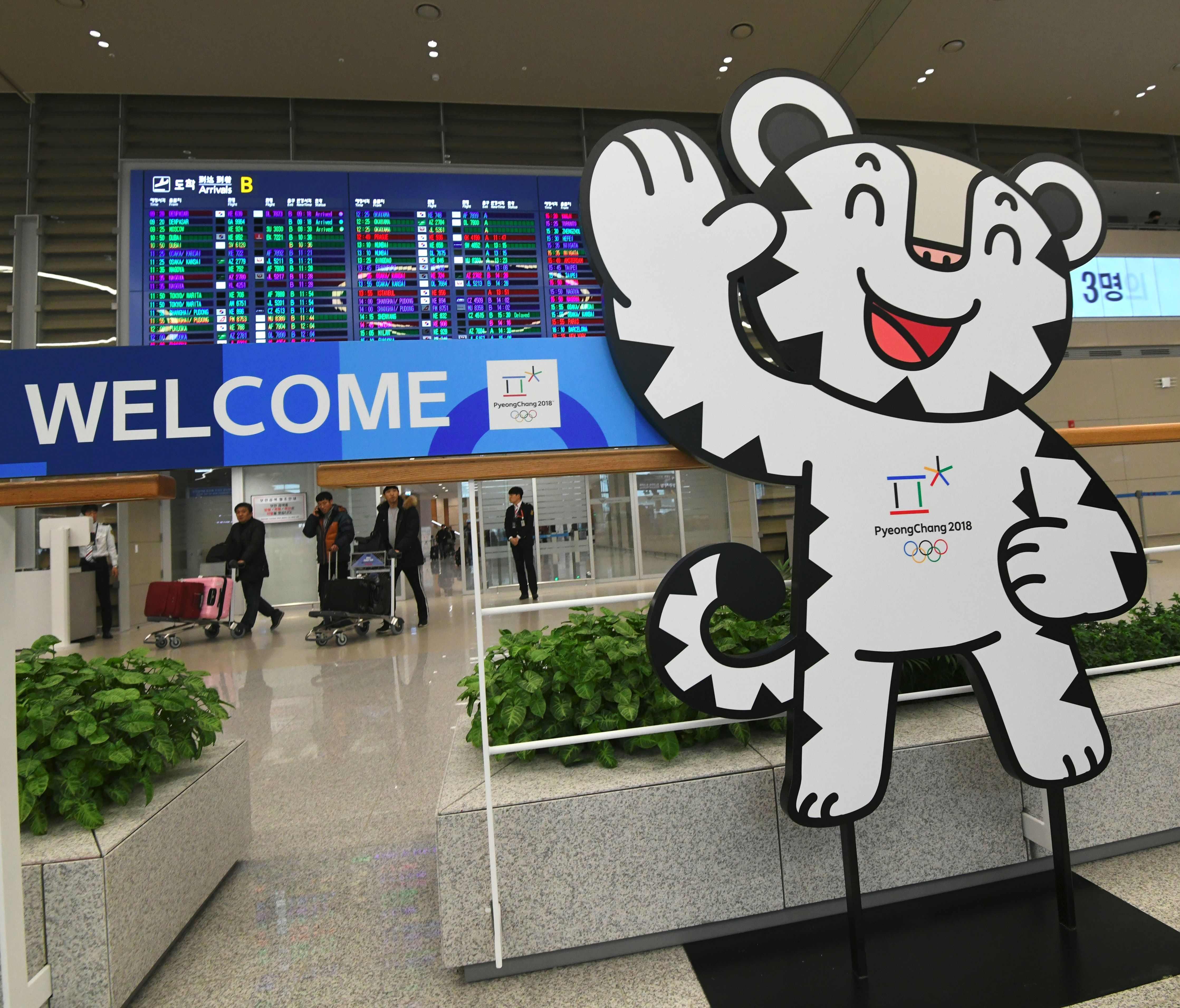 The mascot of the 2018 PyeongChang Winter Olympics is set at the arrival gate of Terminal 2 of Incheon International Airport on Jan. 18, 2018.