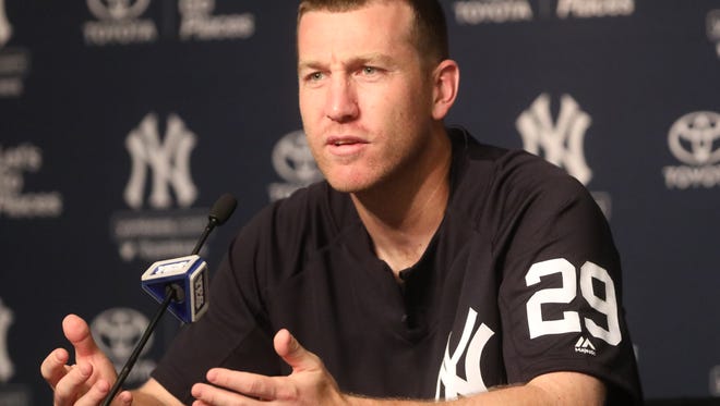 Todd Frazier answers questions from the press before his first game at Yankee Stadium in a home uniform. Tuesday, July 25, 2017