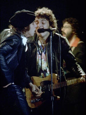 Little (then Miami) Stevie Van Zandt (l) and Bruce Springsteen fill in for Southside Johnny Lyon at the Monmouth Arts Center (now the Count Basie Theatre) in Red Bank in May 1977.