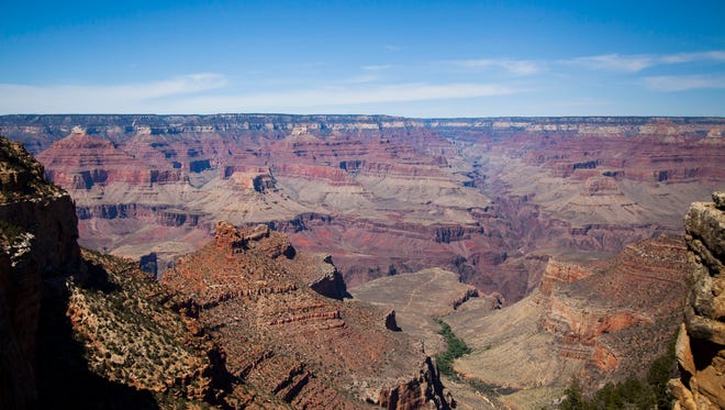 The view overlooking Bright Angel Trail at the South Rim of the Grand Canyon.