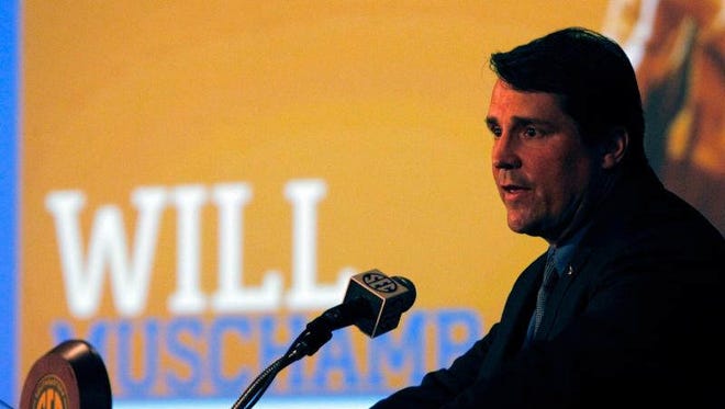 Florida Coach Will Muschamp speaks to media at SEC media days on Monday, July 14, 2014, in Hoover, Ala.