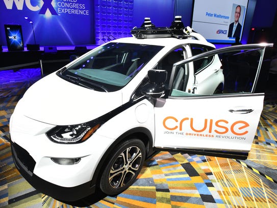 The GM Cruise AV self-driving car is shown at Cobo