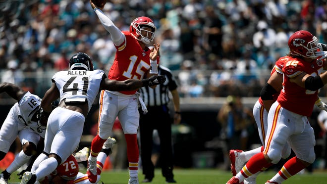 Kansas City quarterback Patrick Mahomes fires a pass downfield against the Jaguars on Sept. 8, 2019, at TIAA Bank Field. Mahomes threw for 378 yards and three touchdowns in that game, a 40-26 victory for the Chiefs.