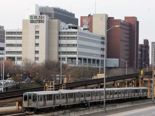 An el train passes the Rush University Medical Center