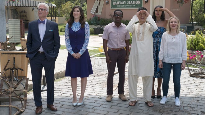 Ted Danson, D'Arcy Carden, William Jackson Harper, Manny Jacinto, Jameela Jamil and Kristen Bell explore the afterlife on NBC's "The Good Place."