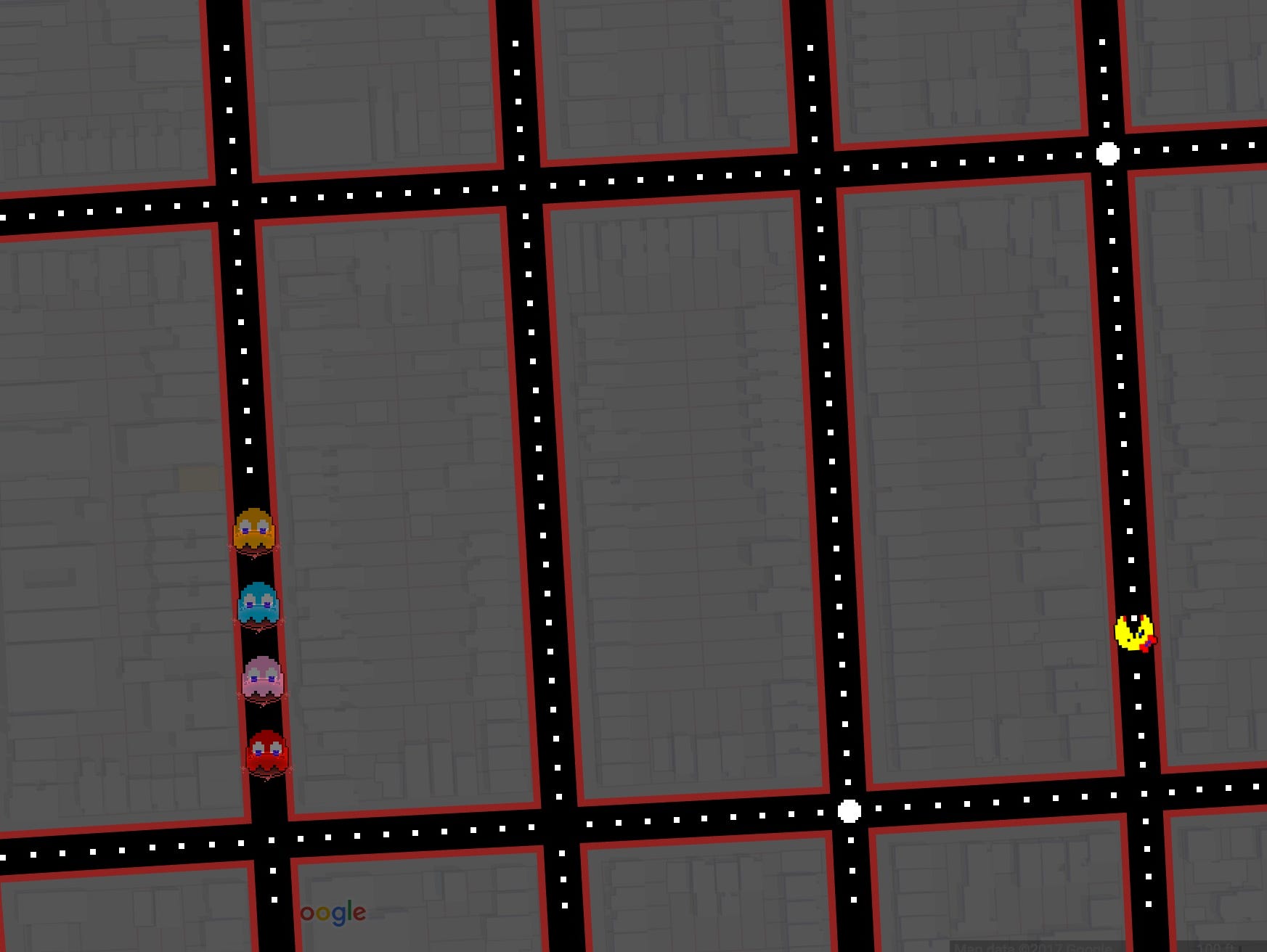 A screenshot of 'Ms. Pac-Man' played on a map of downtown San Francisco, thanks to Google Maps.