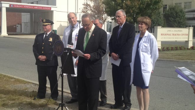 Sen Charles Schumer speaks at a news conference Sept. 24, 2014, at the Westchester Medical Center. He called on the Drug Enforcement Administration to expand the list of banned synthetic drugs after several Pleasantville teens were sickened by what is believed to be synthetic marijuana.