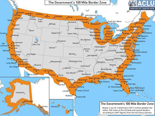 A map from the ACLU shows the U.S. government's 100-mile Border Zone. In this map, it's the area colored orange. The entire state of Michigan is included in the zone