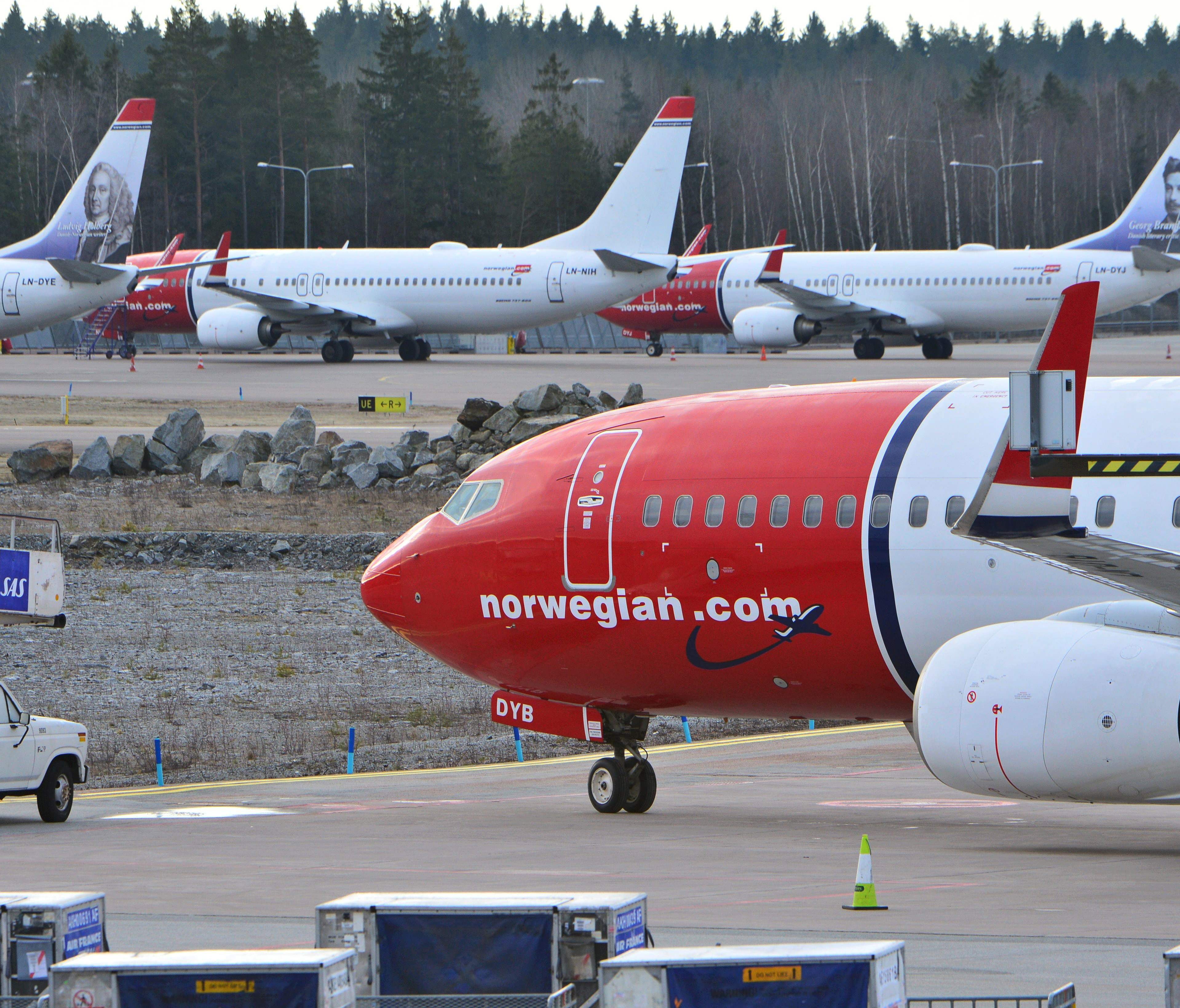 Norwegian Air Shuttle planes on the tarmac at Arlanda airport in Stockholm on March 5, 2015.