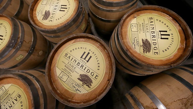 Barrels of Yama whiskey at Bainbridge Organic Distillers.