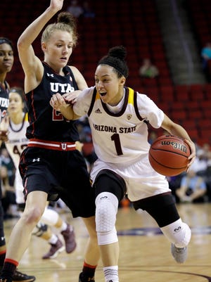 Arizona State's Reili Richardson (1) tries to get past Utah's Tilar Clark in the first half of an NCAA college basketball game in the Pac-12 Conference tournament, Thursday, March 2, 2017, in Seattle.