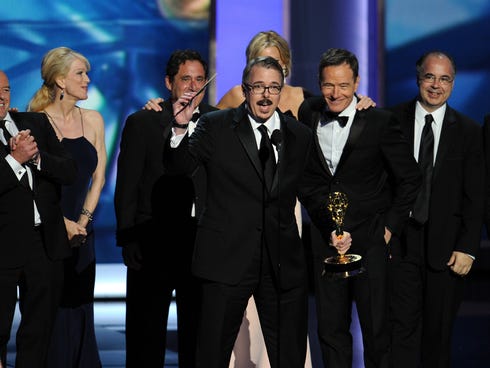 Writer/producer Vince Gilligan accepts the award for 'Breaking Bad,' winner of best drama series at the Emmy Awards.