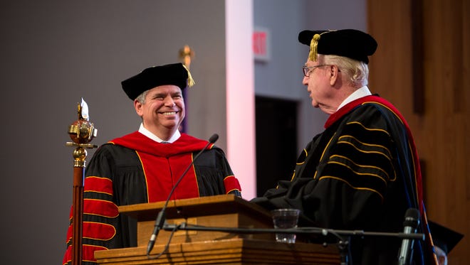 Dr. Mark Hausfeld, president of AGTS at Evangel, reacts to Dr. George Wood, chair of EU’s board of trustees, during Hausfeld’s inauguration ceremony on Friday, Nov. 11.