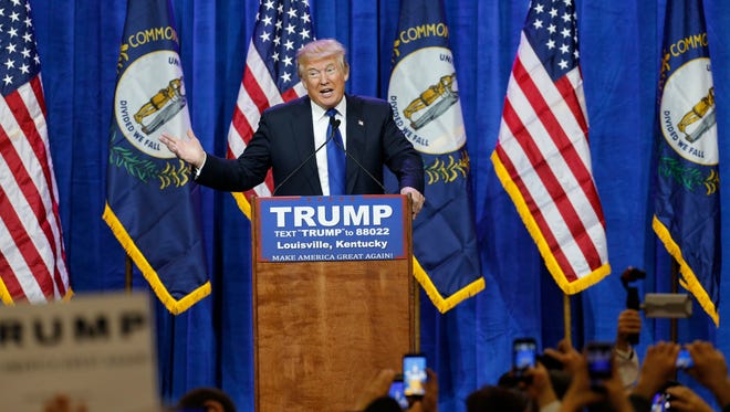Republican Presidential candidate Donald Trump made a point during a Super Tuesday rally in Louisville. March 1, 2016.