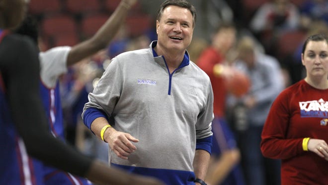 Kansas' coach Bill Self joked with his team at half court during practice for Thursday's night NCAA tournament game agaainst Maryland. March 23, 2016.