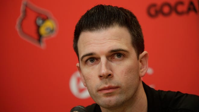 David Padgett addresses the media after being informed that he will not be retained as head coach of the University of Louisvilles men’s basketball team. March 21, 2018.