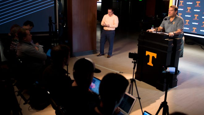 Tennessee interim coach Brady Hoke speaks at a press conference Monday.