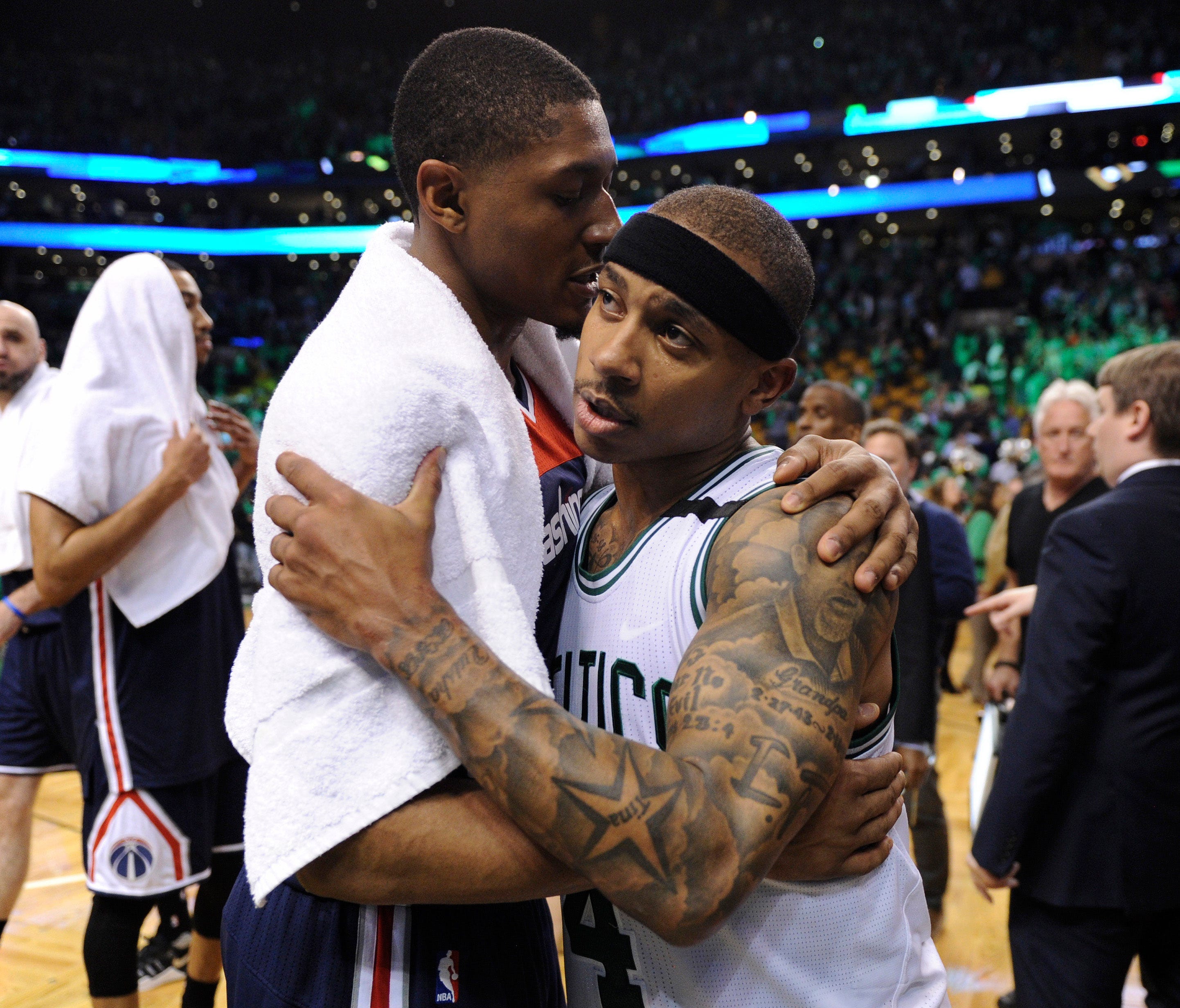 Celtics guard Isaiah Thomas, right, is congratulated by Wizards guard Bradley Beal, left, after the Celtics defeated the Wizards in Game 7 of their second-round playoff series at TD Garden in Boston.