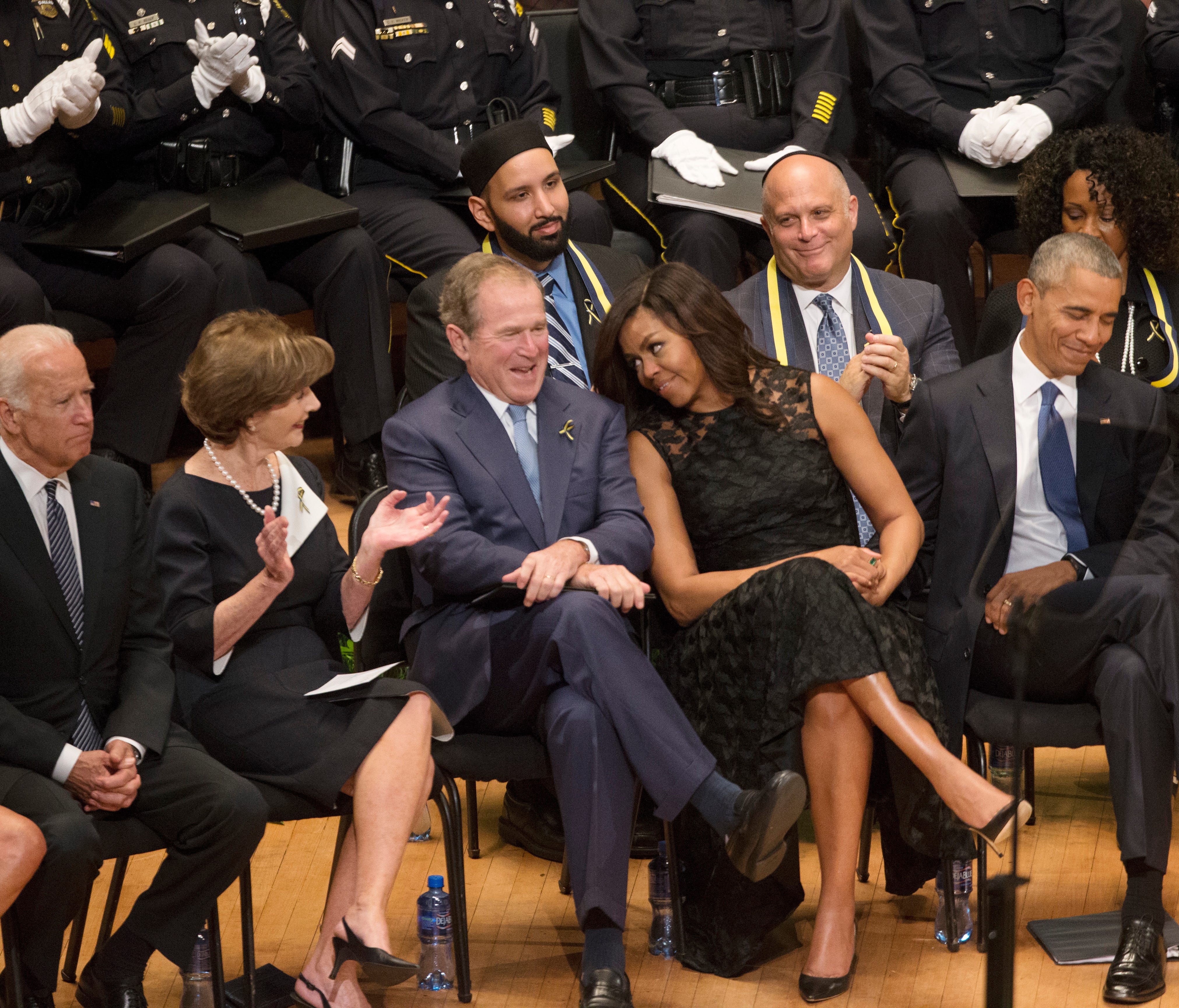 Former presidents Barack Obama and George W. Bush, former first ladies Michelle Obama and Laura Bush, and former vice president Joe Biden, in Dallas, on July 12, 2016.