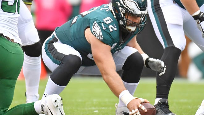 Oct 6, 2019; Philadelphia, PA, USA; Philadelphia Eagles center Jason Kelce (62) prepares to snap the ball against the New York Jets at Lincoln Financial Field. Mandatory Credit: Eric Hartline-USA TODAY Sports