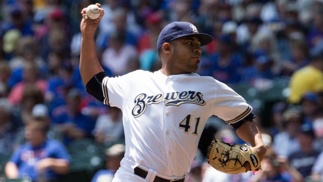 Brewers starting pitcher Junior Guerra throws against the Cubs on May 19, 2016.