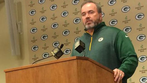 Green Bay Packers coach Mike McCarthy speaks to reporters at Lambeau Field after the team completed its draft on Saturday afternoon.