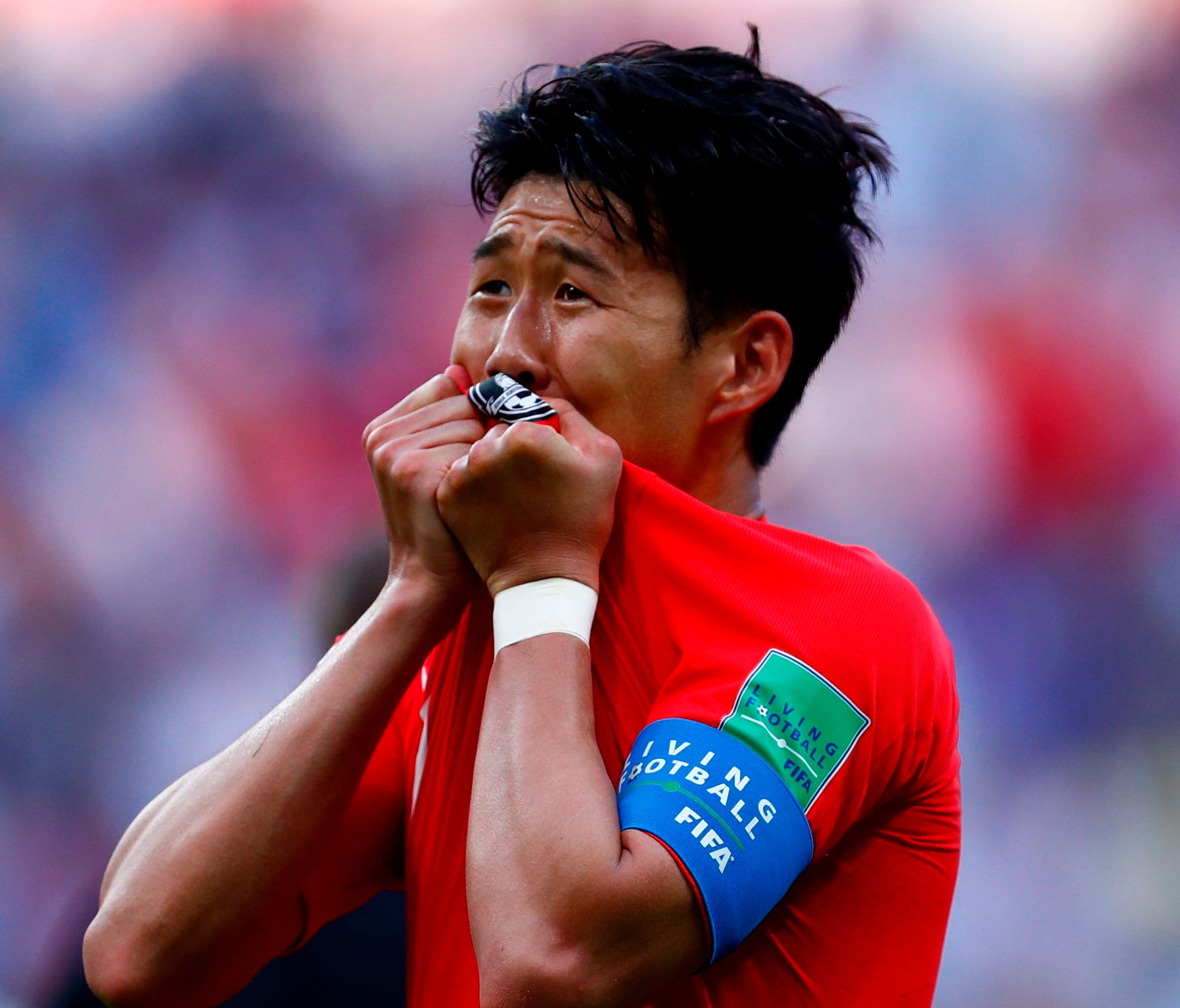 South Korea's forward Son Heung-min celebrataes his goal against Germany.