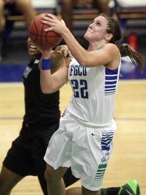 FGCU’s Jenna Cobb scores against Stetson in the Atlantic Sun Basketball Championship at Alico Arena last March. Cobb was named the tournament MVP.