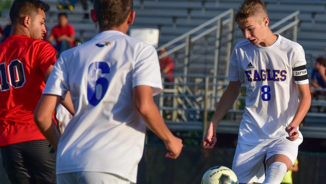 All-state midfielder Keaton Hubbard (8), a Furman University signee, is one of 10 seniors on an Eastside team that repeated as Upper State champion.