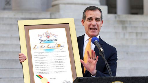 Los Angeles Mayor Eric Garcetti appears at a press event proclaiming "La La Land Day" on Tuesday, April 25, 2017. in honor of the musical that claimed six Academy Awards in February.