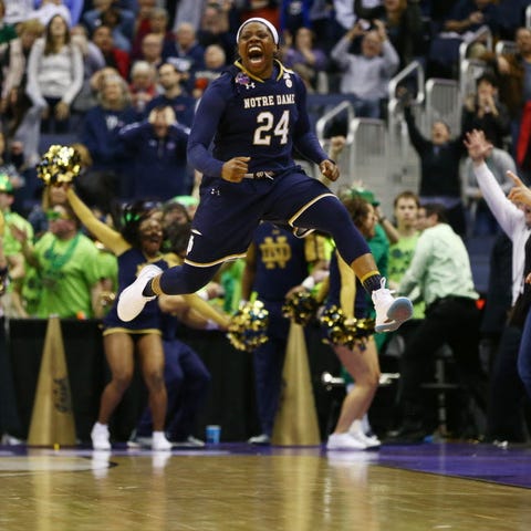 Notre Dame's Arike Ogunbowale reacts after...