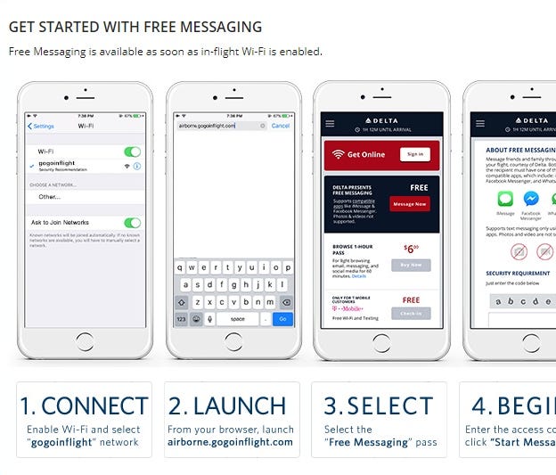 Delta Air Lines says fliers on Wi-Fi enabled flights can send mobile messages for free starting Oct. 1, 2017.