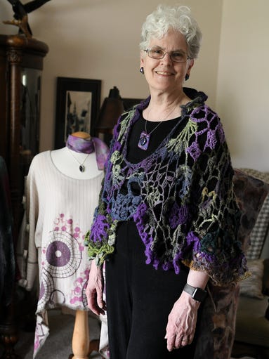 Terrie Voigt wearing a free-form crocheted top and