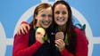 USA's Katie Ledecky and Leah Smith celebrate with their