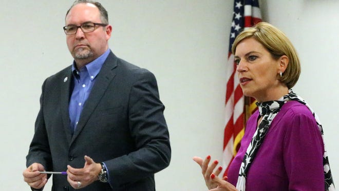 Dori Fenenbock, right, president of the El Paso Independent School District’s Board of Trustees, and Superintendent Juan Cabrera helped push through a $668.7 million bond issue in November.